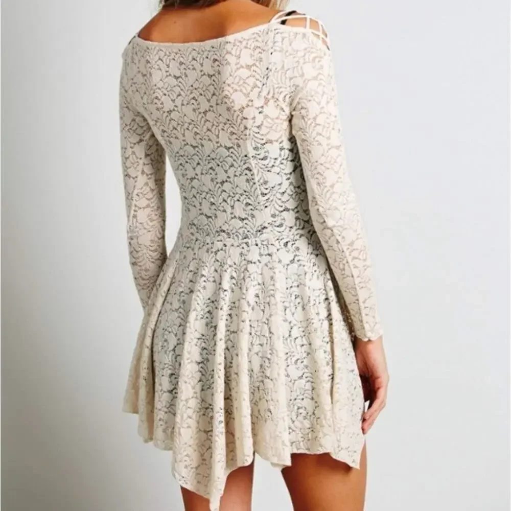 Free People Small Sheer Cream Lace Up Tunic Mini Dress